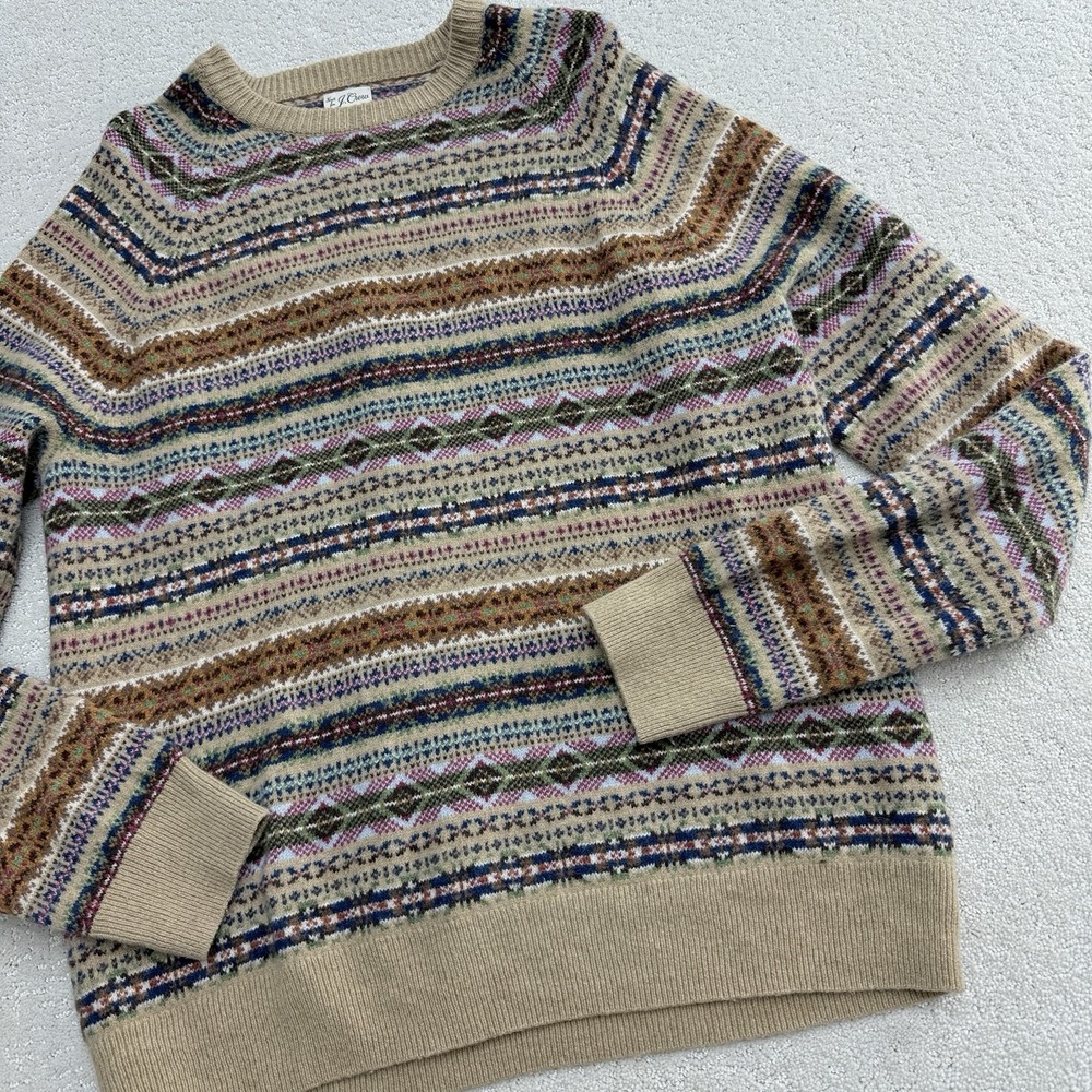 J.Crew Men's 100% Lambswool Nordic Sweater Crewneck Brown Ash Fair Isle Size XL - Picture 2 of 12
